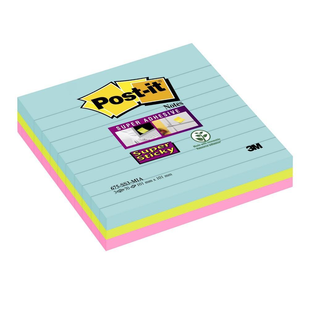 Blok samolepicí Post-it MIAMI 101 x 101 mm, linkovaný, silně lepicí/ 3x 70 listů