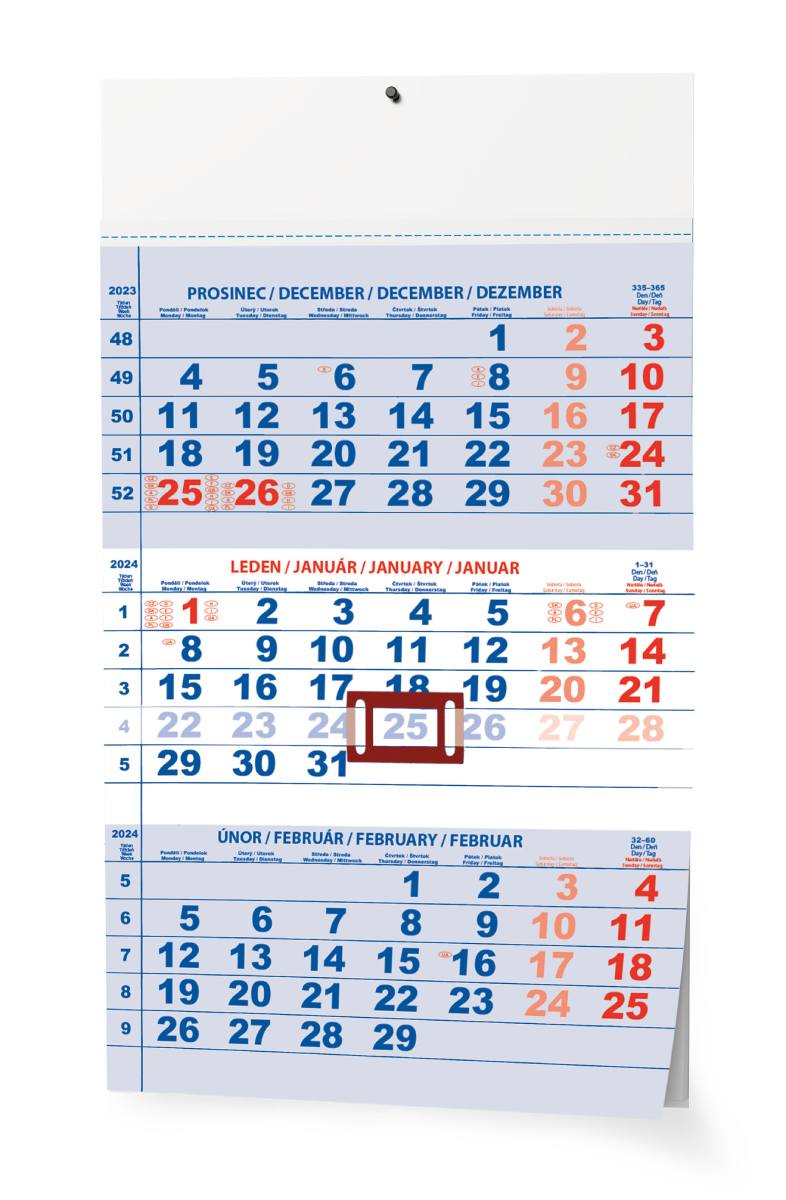 Kalendář nástěnný Tříměsíční A3 modrý - s mezinár. svátky