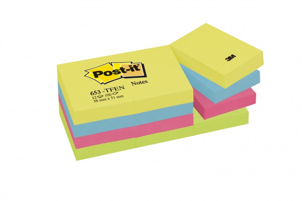 Blok samolepicí Post-it 38 x 51/12x 100 listů energické barvy