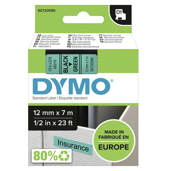 Dymo originální páska do tiskárny štítků, Dymo, 45019, S0720590, černý tisk/zelený podklad, 7m, 12mm, D1