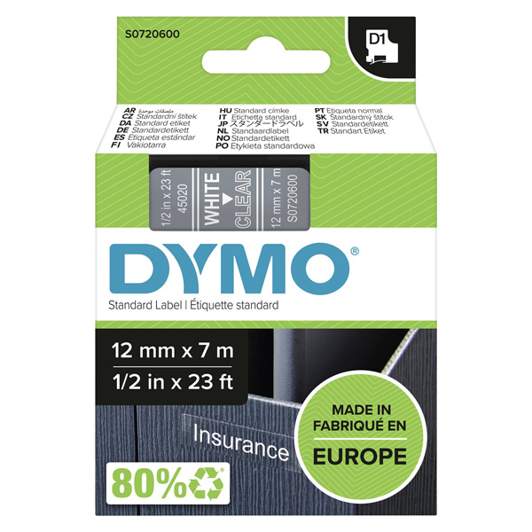 Dymo originální páska do tiskárny štítků, Dymo, 45020, S0720600, bílý tisk/transparentní podklad, 7m, 12mm, D1