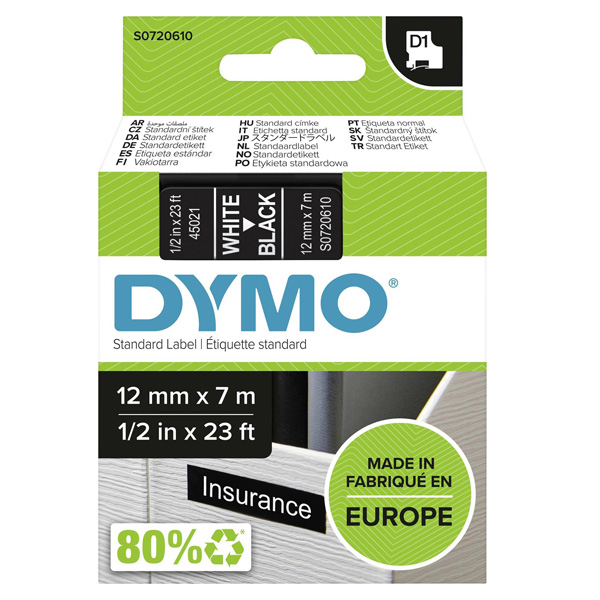 Dymo originální páska do tiskárny štítků, Dymo, 45021, S0720610, bílý tisk/černý podklad, 7m, 12mm, D1