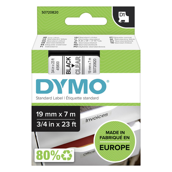 Dymo originální páska do tiskárny štítků, Dymo, 45800, S0720820, černý tisk/transparentní podklad, 7m, 19mm, D1
