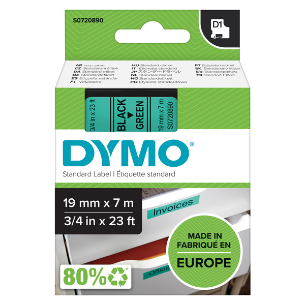 Dymo originální páska do tiskárny štítků, Dymo, 45809, S0720890, černý tisk/zelený podklad, 7m, 19mm, D1