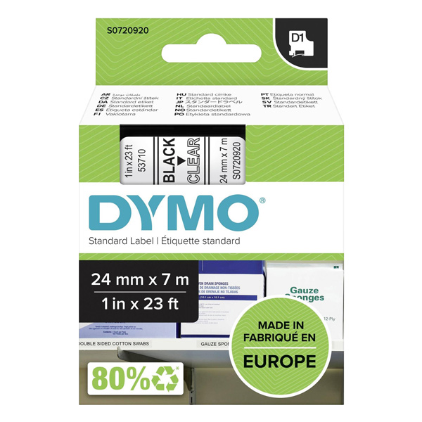 Dymo originální páska do tiskárny štítků, Dymo, 53710, S0720920, černý tisk/transparentní podklad, 7m, 24mm, D1