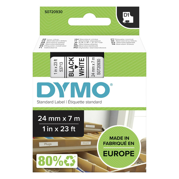 Dymo originální páska do tiskárny štítků, Dymo, 53713, S0720930, černý tisk/bílý podklad, 7m, 24mm, D1