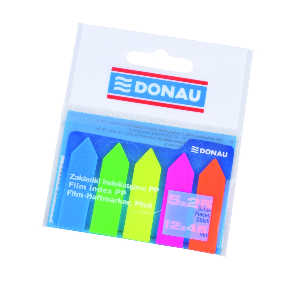Záložky samolepicí tvar šipka Donau, 12 x 45 mm, plastové, 5 neonových barev /125 ks