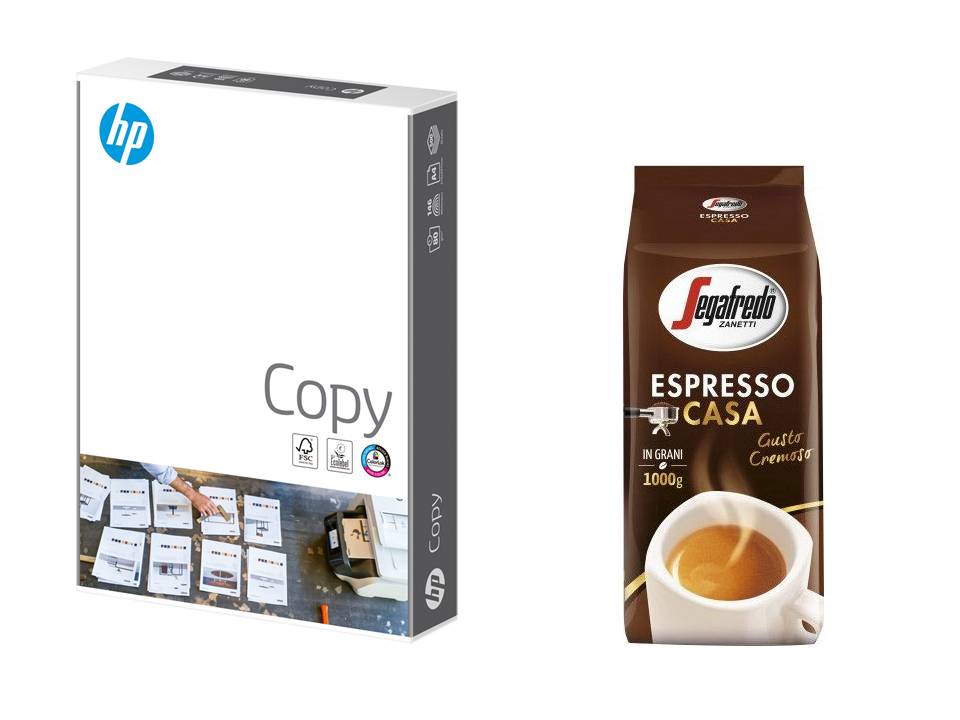 Papír kopírovací HP Copy A4 80g 500 listů + Káva Segafredo Zanetti Espresso casa 1kg zrnková