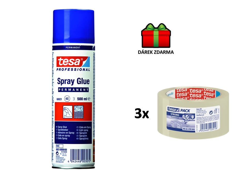 Lepidlo ve spreji TESA, univerzální, 500 ml, permanentní, bezbarvý + 3x Tesa balicí páska, 66 m x 50 mm, PP, transparentní