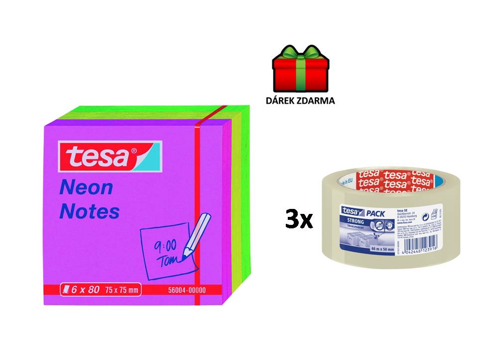 Blok samolepicí TESA 75 x 75 mm mix 3 neonových barev / 480 listů + 3x Tesa balicí páska, 66 m x 50 mm, PP, transparentní