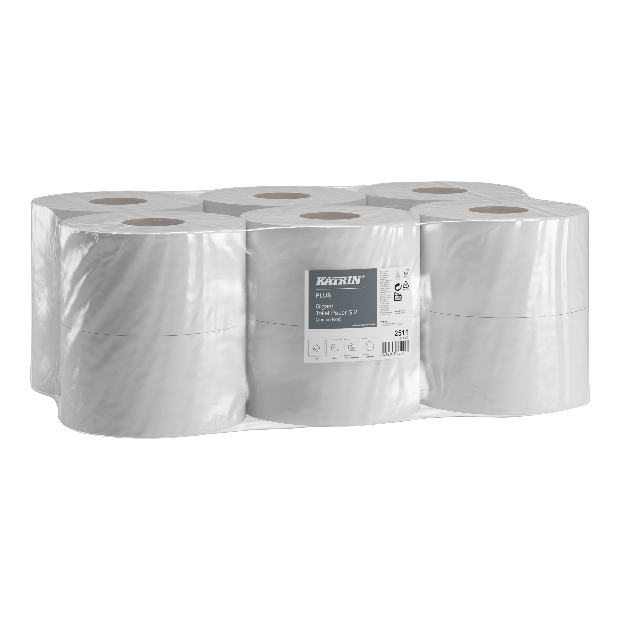 Papír toaletní JUMBO Katrin Plus 2511 180 mm, 2-vrstvý, super bílý, 100% celulóza, 100m / 12 rolí