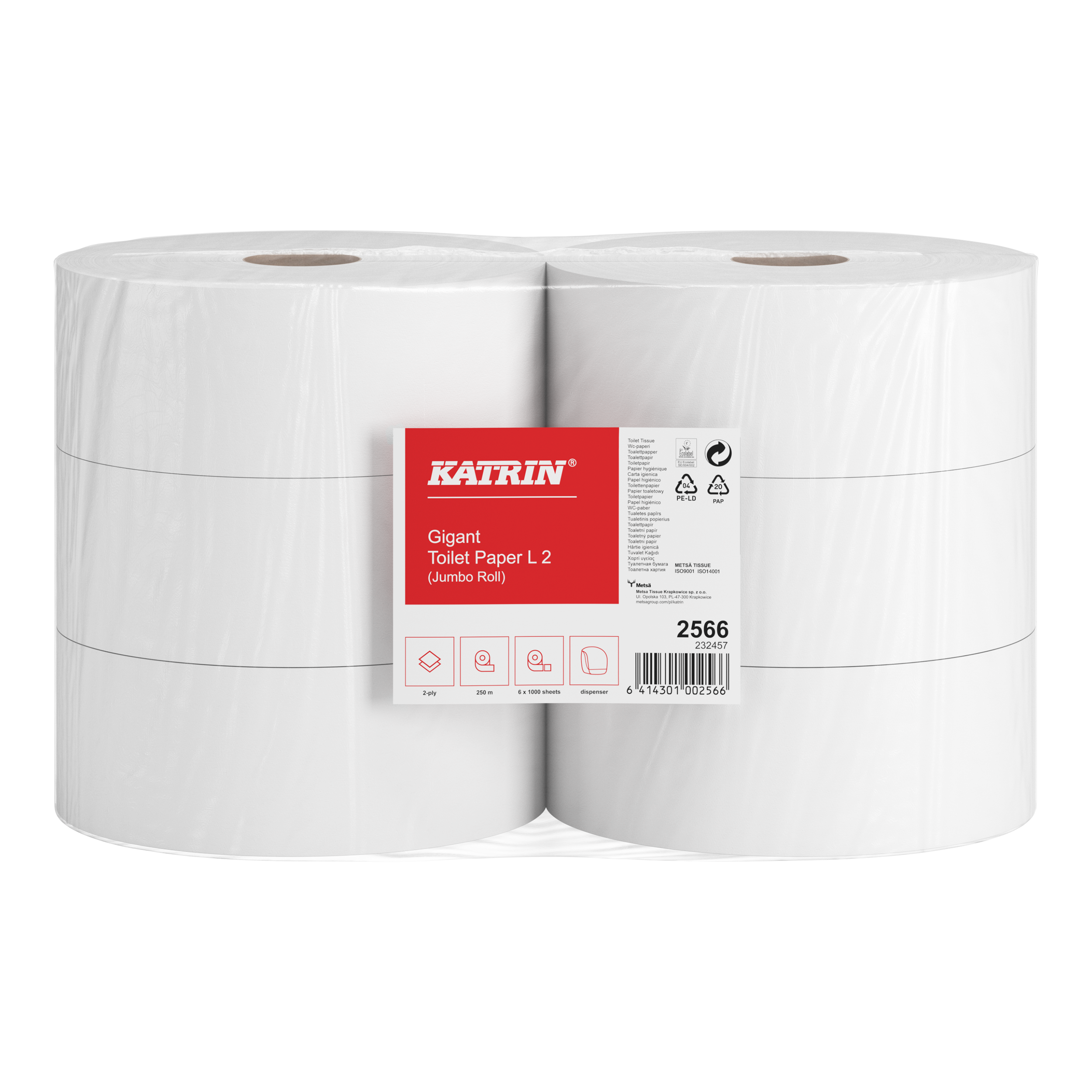 Toaletní papír JUMBO Katrin Plus 280 mm, 2-vrstvý, super bílý, 100% celulóza, 250m / 6 rolí