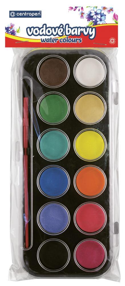 Vodové barvy velké 12 odstínů - 30 mm, černý barevník, Centropen