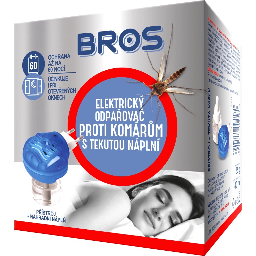 Bros elektrický odpařovač proti komárům s tekutou náplní, 40 ml (60 nocí)