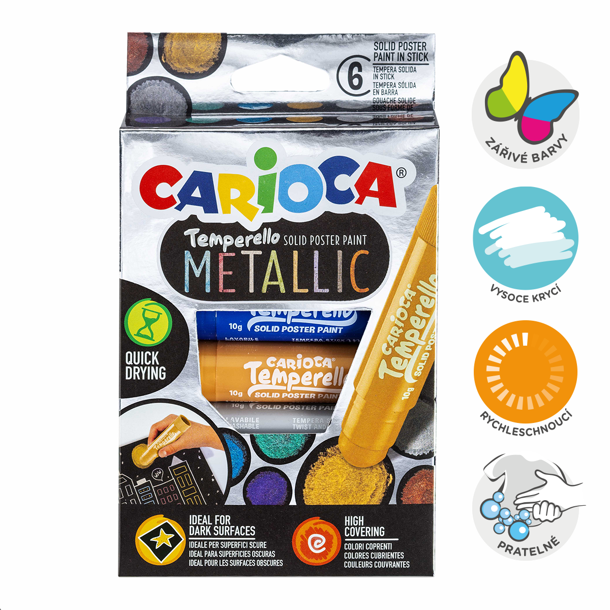 Temperové barvy v tyčince Carioca Metallic, 6 ks, mix barev