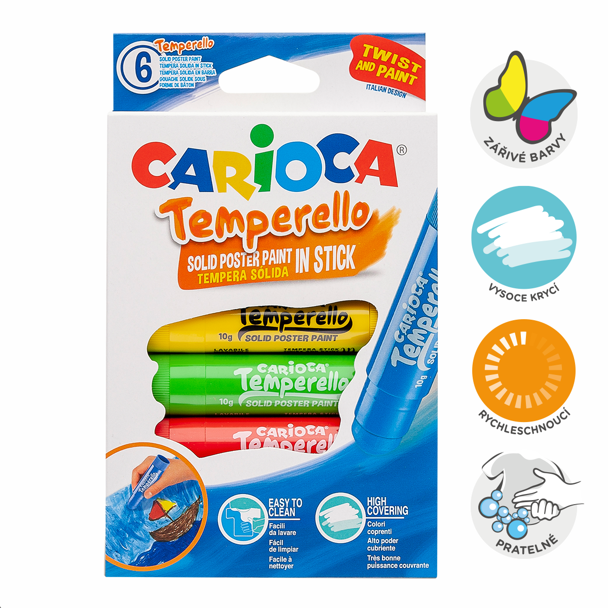 Temperové barvy v tyčince Carioca, 6 ks, mix barev