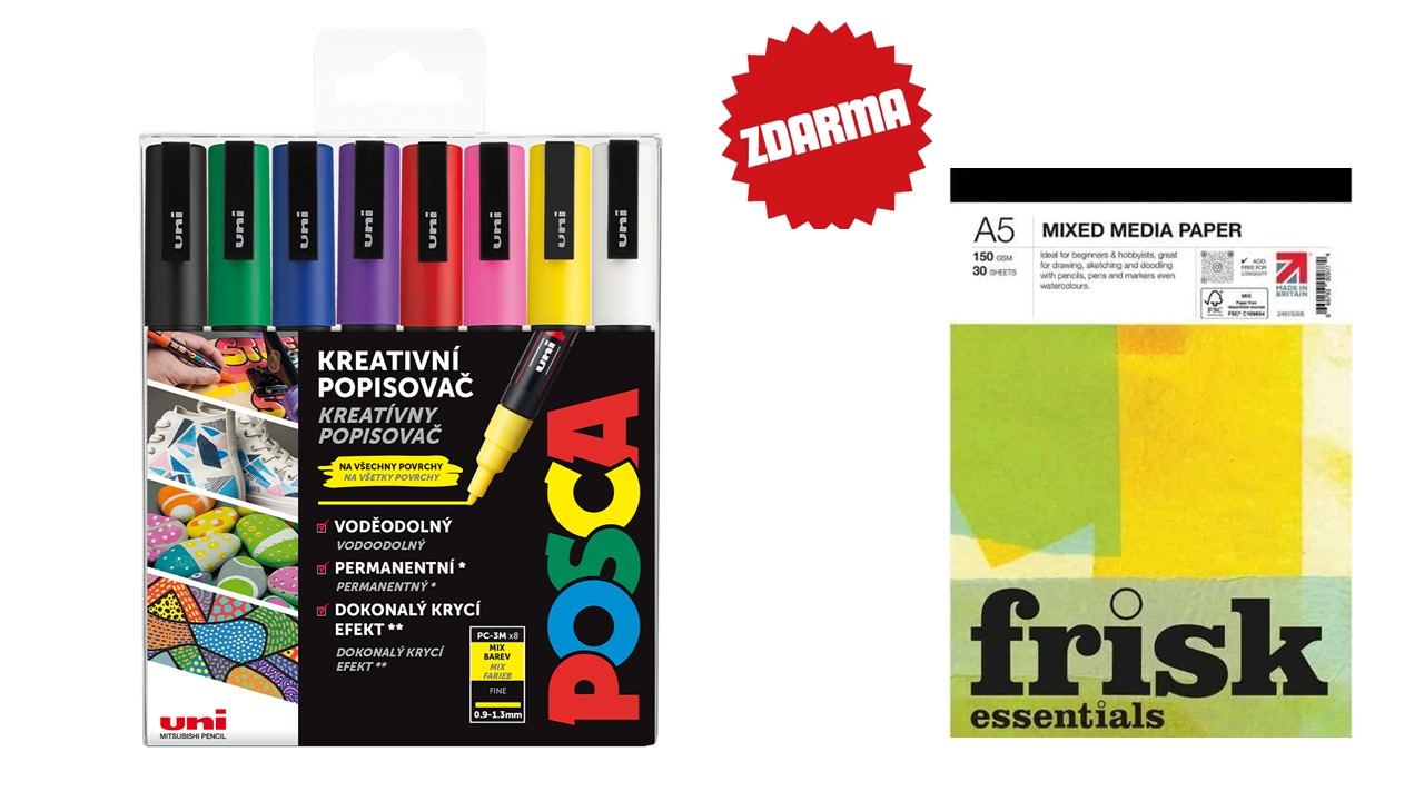 Popisovač akrylový POSCA PC-3M mix základních barev sada / 8 ks + blok zdarma