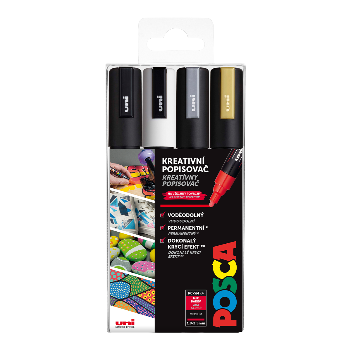 Popisovač akrylový POSCA PC-5M stříbrná, zlatá, černá, bílá 1,8 - 2,5mm / 4 ks