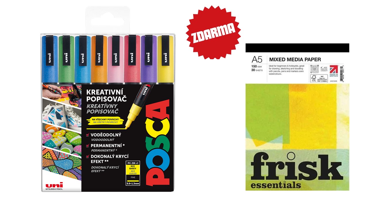 Popisovač akrylový POSCA PC-3M barvy třpytivé sada 8 ks + blok zdarma