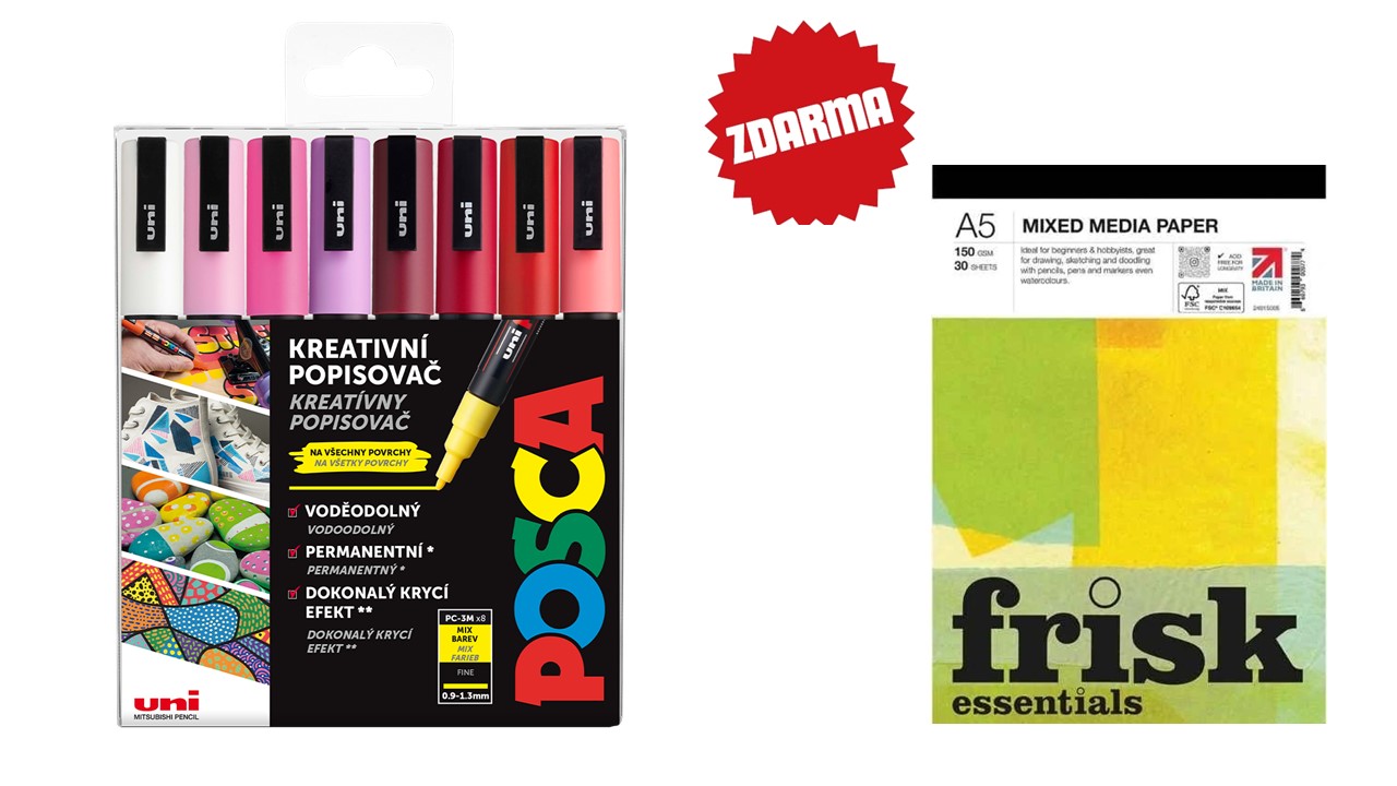 Popisovač akrylový POSCA PC-3M mix teplých barev sada 8ks + blok zdarma