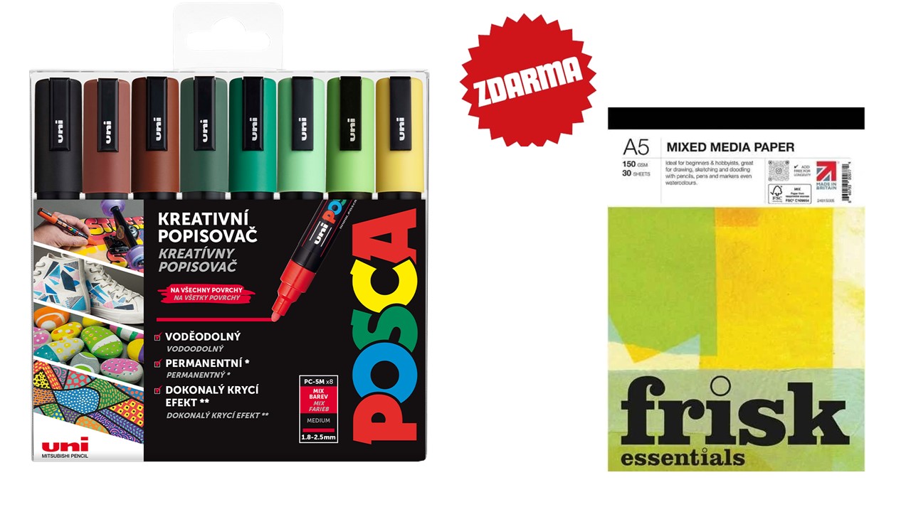 Popisovač akrylový POSCA PC-5M mix zemitých barev 8ks + blok zdarma