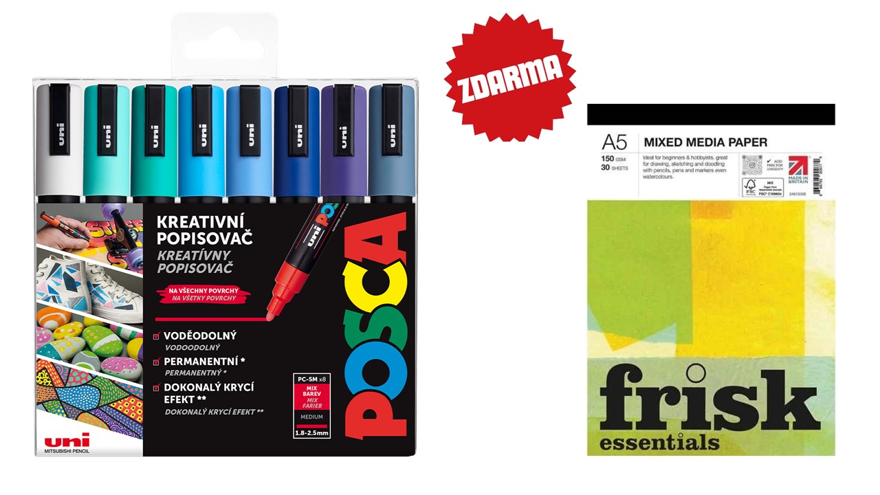 Popisovač akrylový POSCA PC-5M mix mořských barev 8ks + blok zdarma