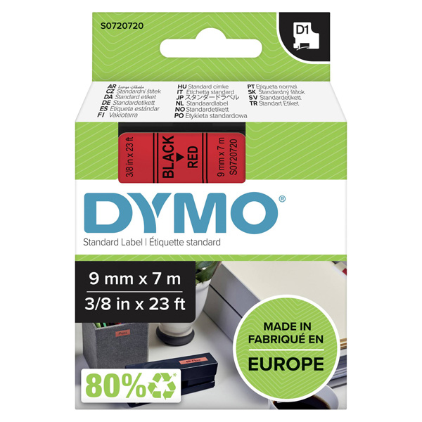 Dymo originální páska do tiskárny štítků, Dymo, 40917, S0720720, černý tisk/červený podklad, 7m, 9mm, D1