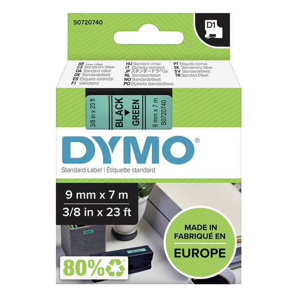 Dymo originální páska do tiskárny štítků, Dymo, 40919, S0720740, černý tisk/zelený podklad, 7m, 9mm, D1