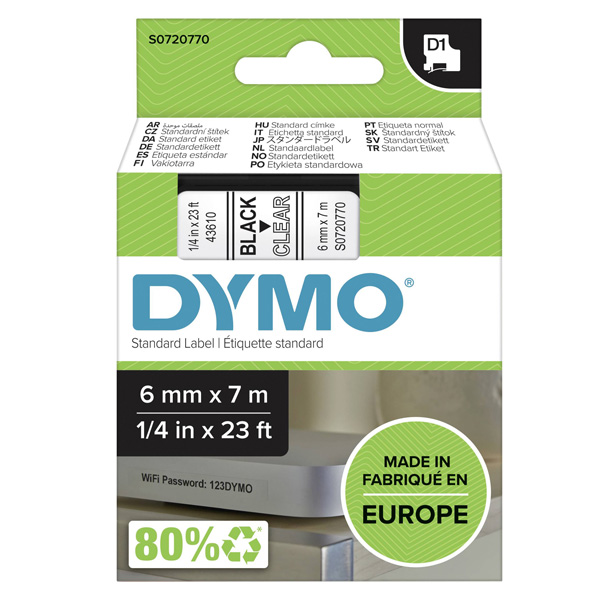 Dymo originální páska do tiskárny štítků, Dymo, 43610, S0720770, černý tisk/transparentní podklad, 7m, 6mm, D1