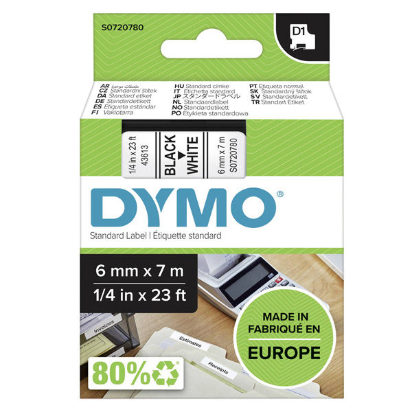 Dymo originální páska do tiskárny štítků, Dymo, 43613, S0720780, černý tisk/bílý podklad, 7m, 6mm, D1