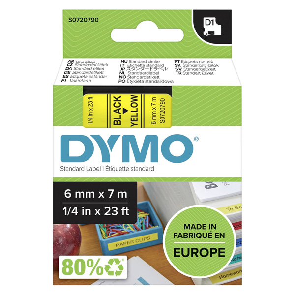 Dymo originální páska do tiskárny štítků, Dymo, 43618, S0720790, černý tisk/žlutý podklad, 7m, 6mm, D1