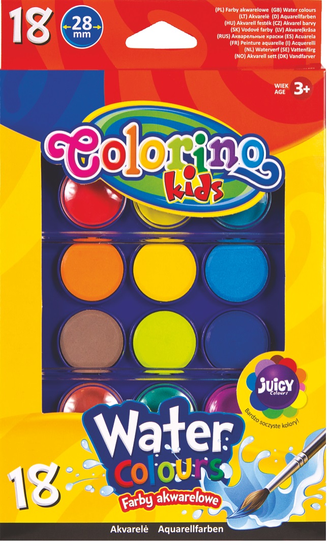 Vodové barvy Colorino velké, pouzdro, se 2 štětci, 18 barev, 28 mm