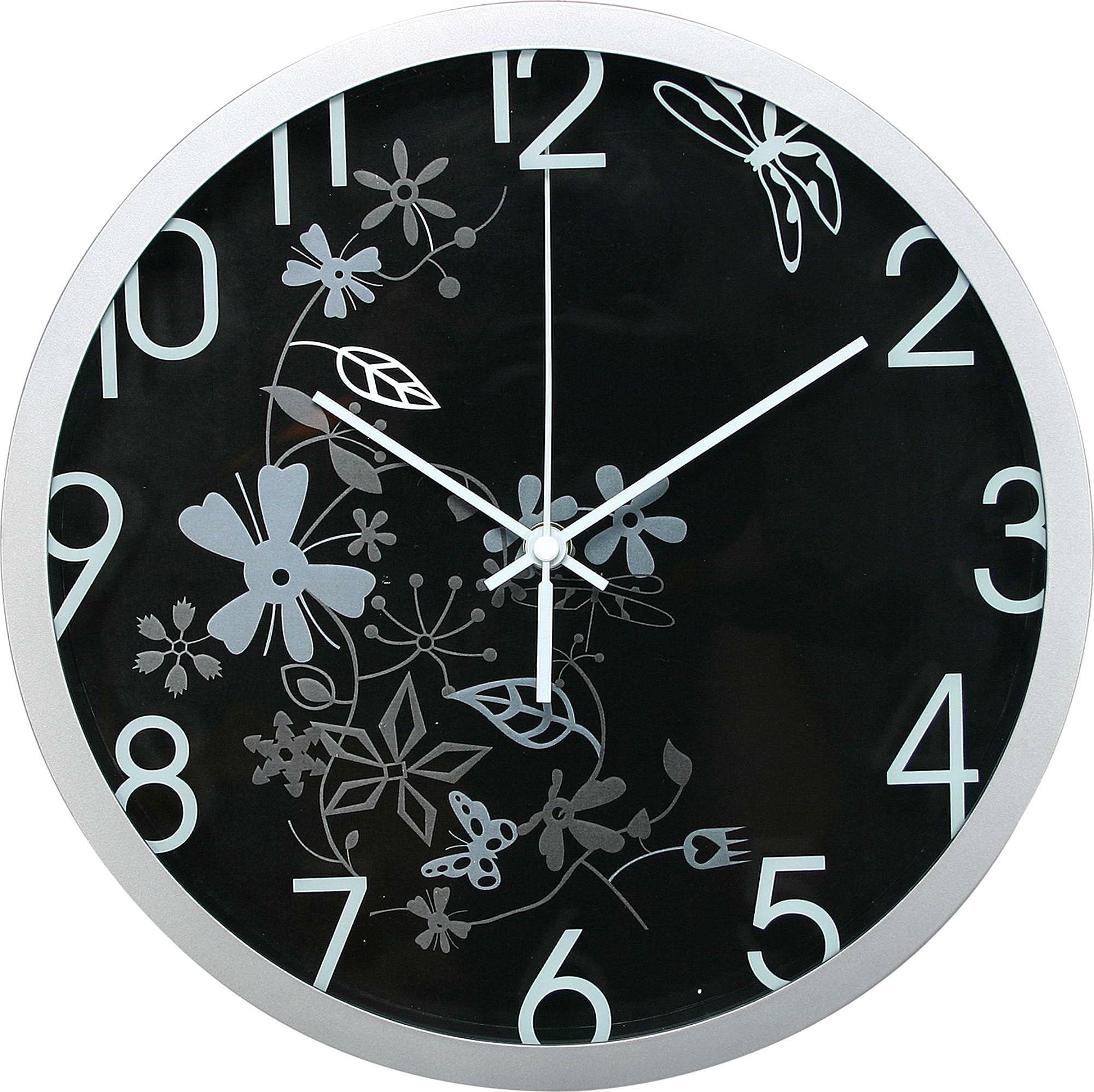 Spoko nástěnné hodiny O 30 cm,květinový motiv,černo-stříbrné