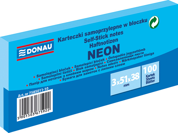 Blok samolepicí Donau 51 x 38 mm neonově modrý/ 3x 100listů