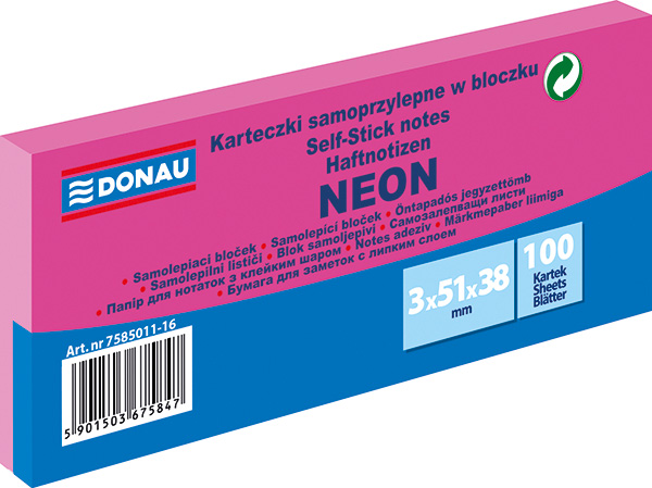 Blok samolepicí Donau 51 x 38 mm neonově růžový/ 3x 100listů