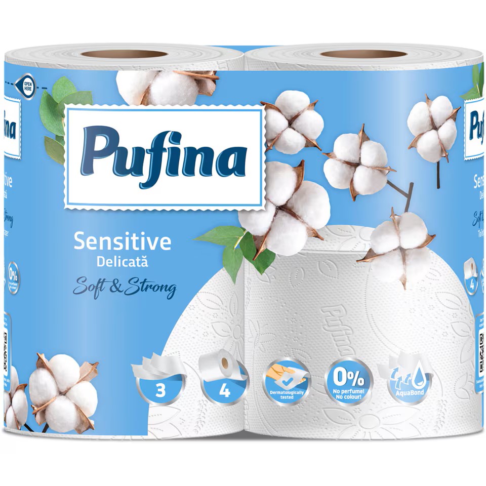 Papír toaletní 3-vrstvý Pufina Sensitive bílý / 4 role