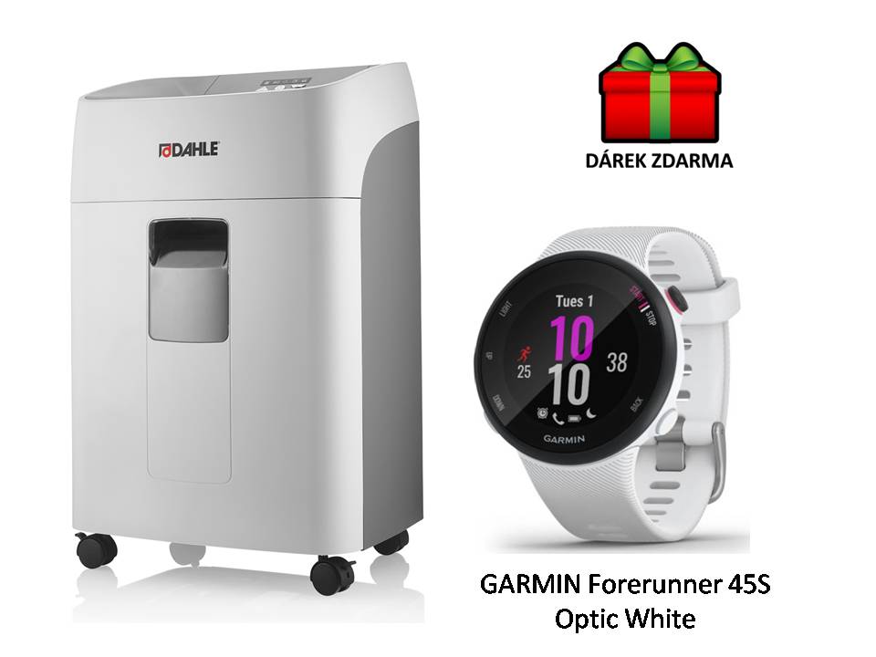 Skartovač DAHLE ShredMATIC® 300 P5, 14/300 listů, 2 x 15 mm, 40 l uzamykatelný + chytrné hodinky GARMIN Forerunner 45S Optic White