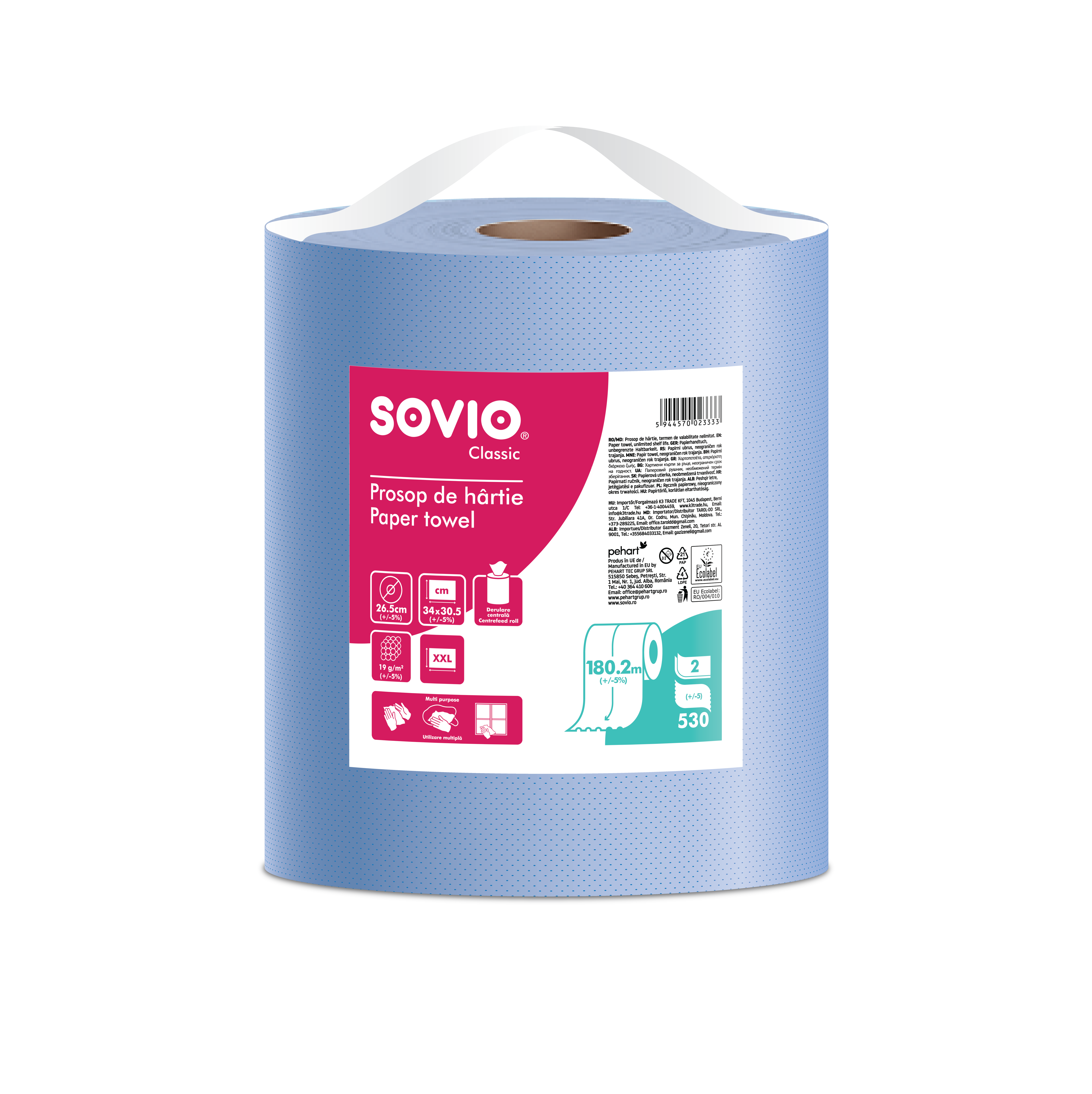 Sovio průmyslová utěrka modrá 2-vrstvá 34 cm(šíře) x 180,2m(návin) /1ks