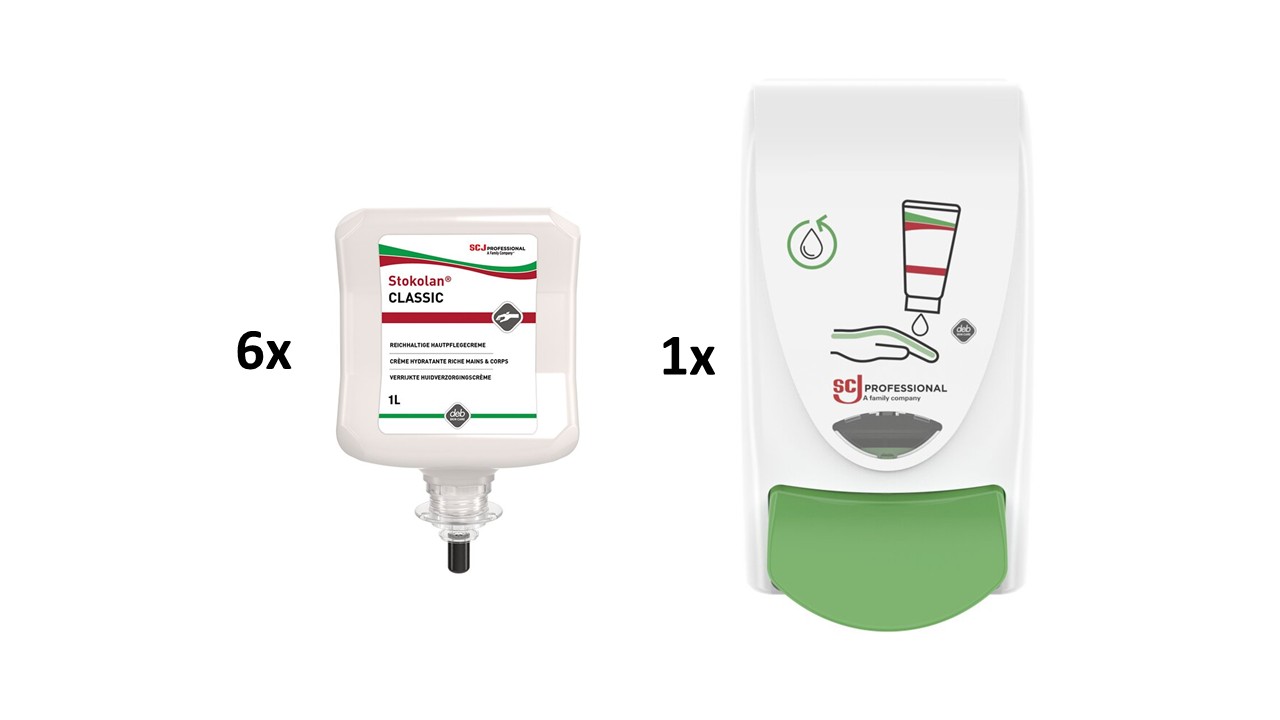 6x regenerační a pečující krém Stokolan Classic 1l + Dávkovač Image line zelený na 1l patrony přípravků Deb - krémy