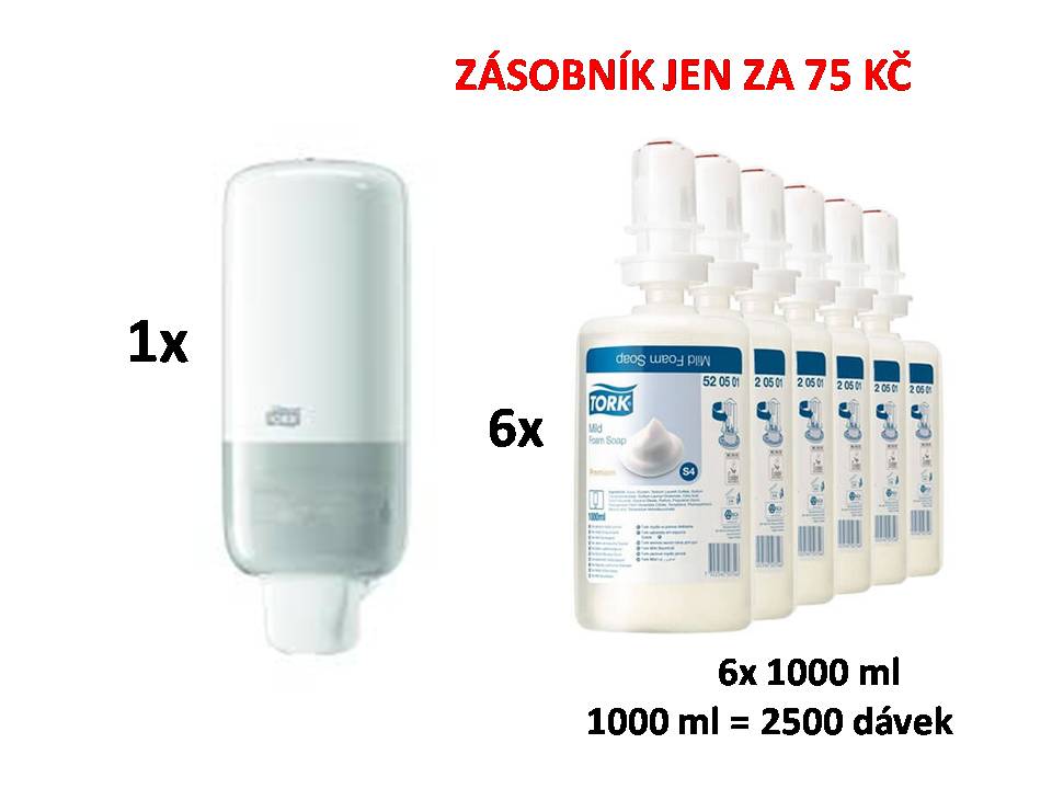 Dávkovač na pěnové mýdlo TORK 561500, 1000 ml + 6x pěnové mýdlo TORK 520501, 1000 ml
