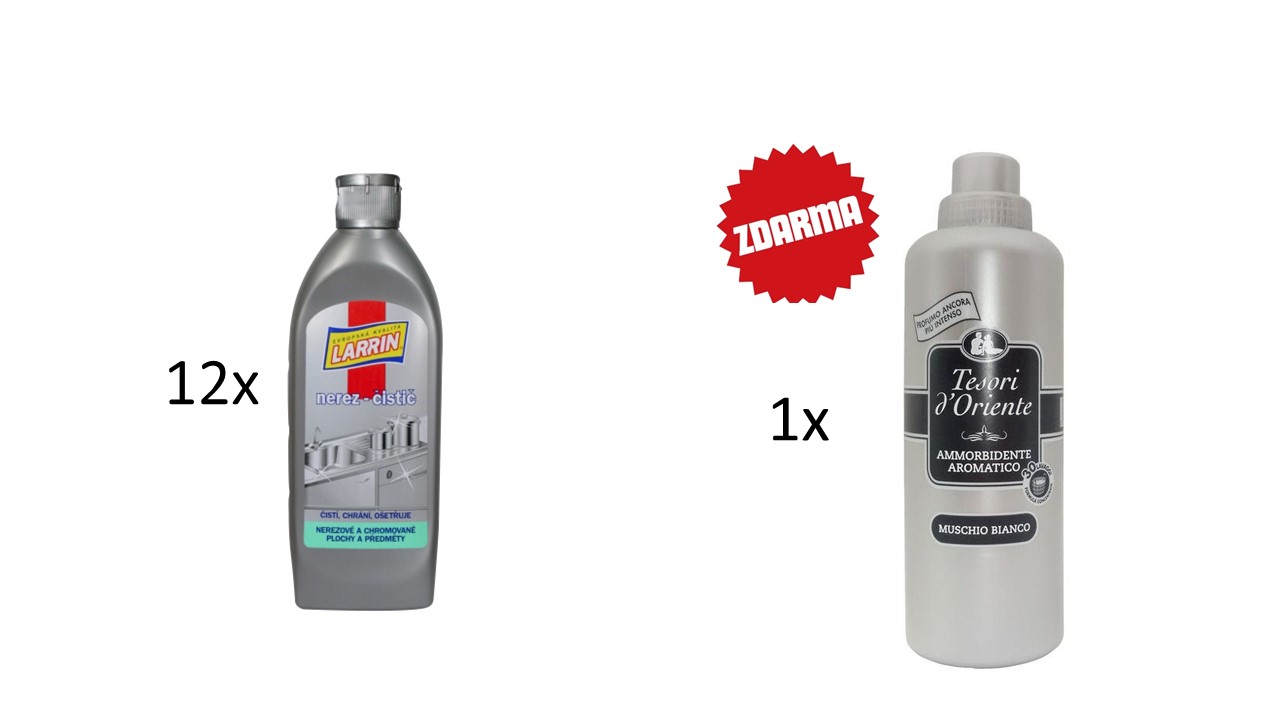 LARRIN nerez čistič 250 ml emulze + dárek TESORI Aviváž stříbrná 760ml (38 PD) Muschio Bianco