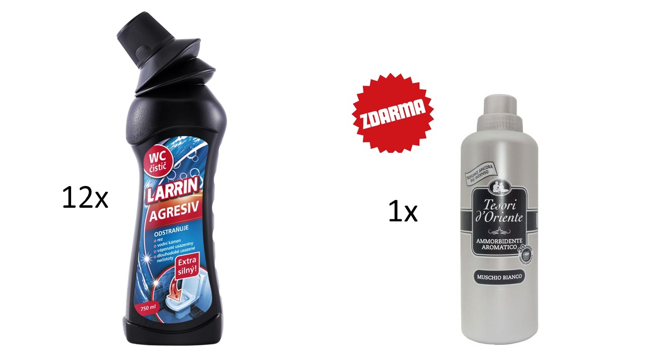 LARRIN WC čistič agresiv 750ml + dárek TESORI Aviváž stříbrná 760ml (38 PD) Muschio Bianco