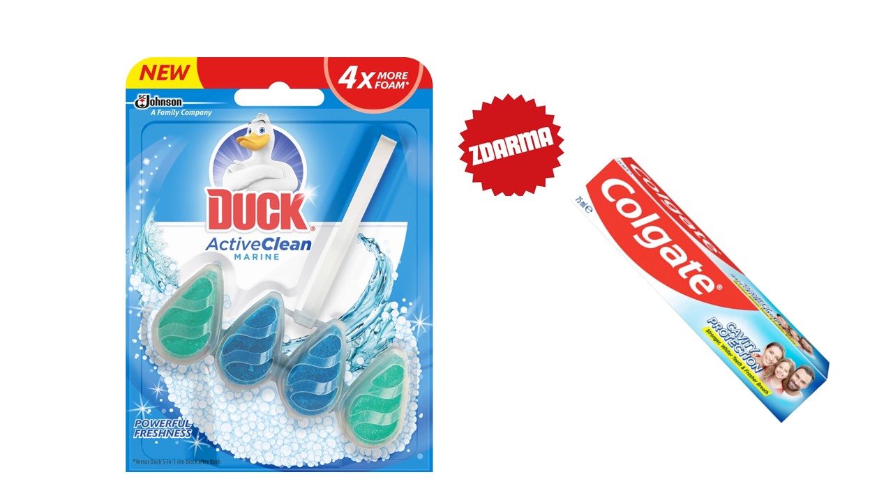 Duck WC závěs active clean marine 38,6g + dárek zubní pasta Colgate 75 ml mix druhů