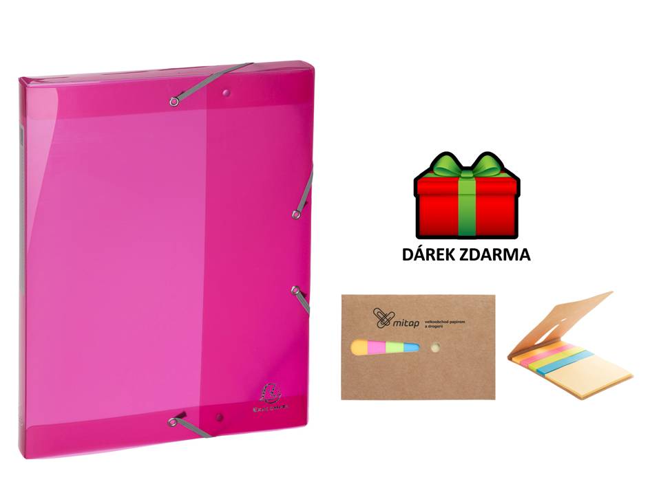 Exacompta box na spisy s gumičkou A4 maxi, hřbet 25mm růžový transparentní + samolepicí bločky MITAP