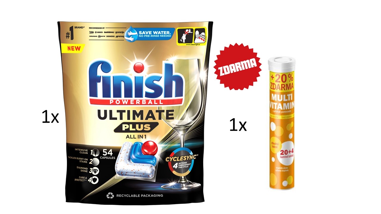 FINISH tablety do myčky Ultimate Plus All in 1 54 ks + dárek Multivitamin šumivý 20 + 4 tablet pomeranč