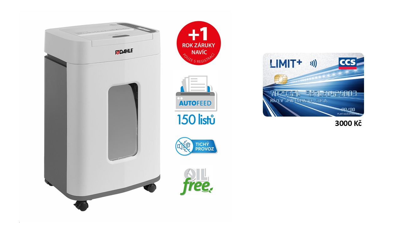 Skartovač DAHLE ShredMATIC® 150, 9/150 listů, 4 x 12 mm, 25 l G2 + CCS tankovací karta 3000 Kč