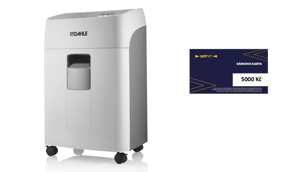 Skartovač DAHLE ShredMATIC® 300 P5, 14/300 listů, 2 x 15 mm, 40 l uzamykatelný + DATART poukaz 5000 Kč